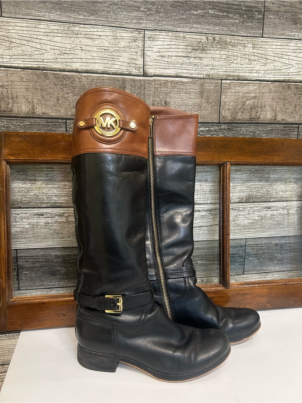 Michael Kors Stockard Tall Leather Riding Boots Two-Tone Black Brown Size 6M